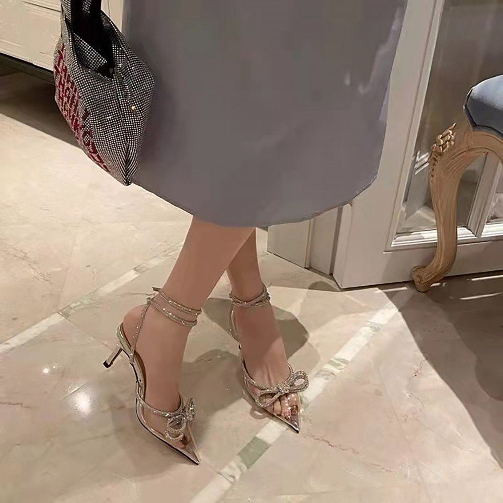 Women's Double Bow Pointed Toe Ankle Strap Heels | ZAKAPOP