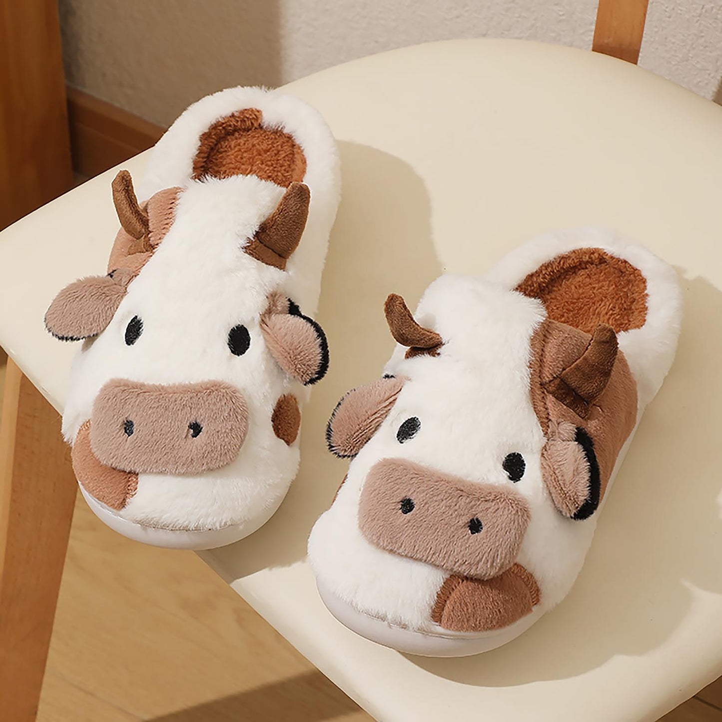 Cartoon Cow  Fluffy Fur Winter Warm Home Slippers | ZAKAPOP