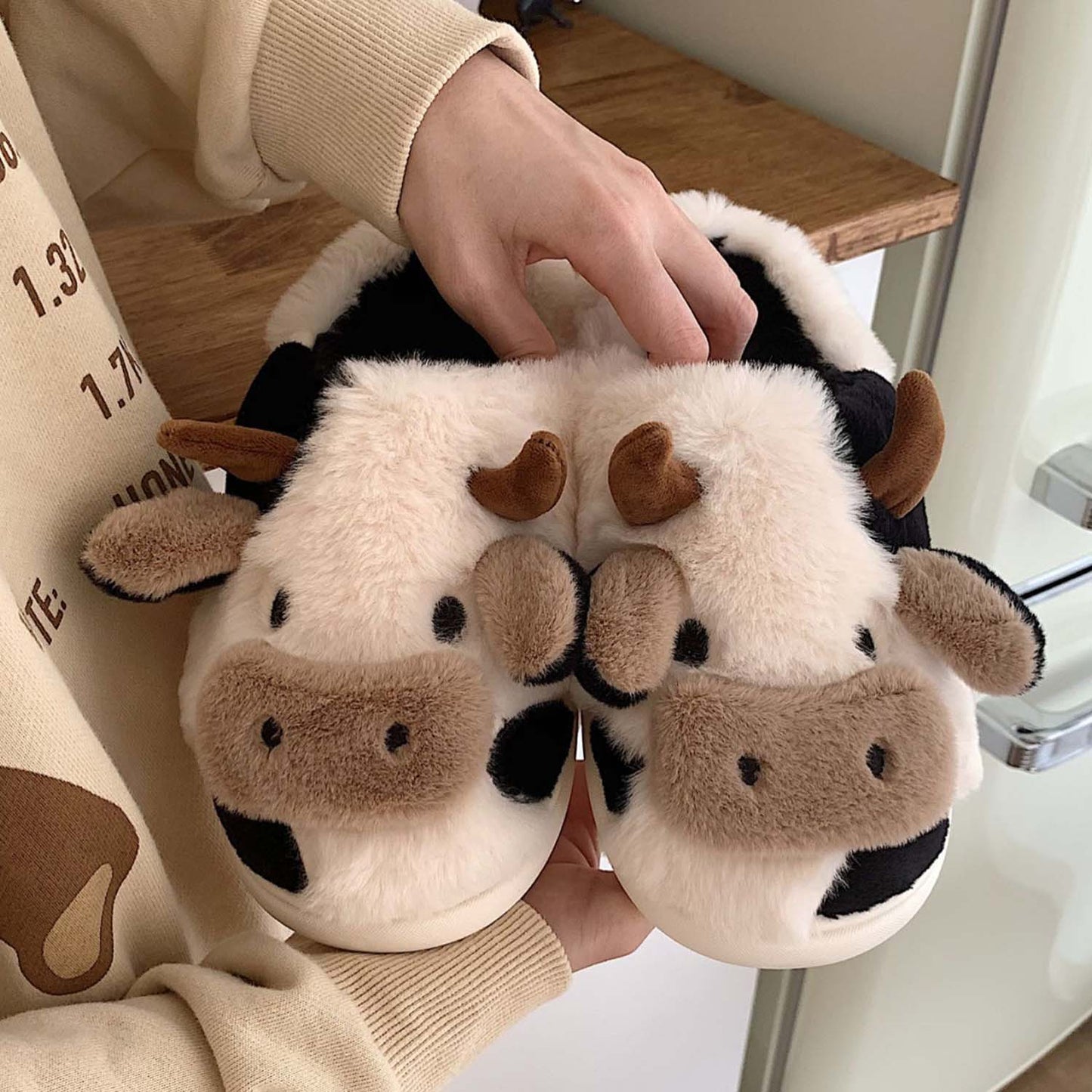 Cartoon Cow  Fluffy Fur Winter Warm Home Slippers | ZAKAPOP