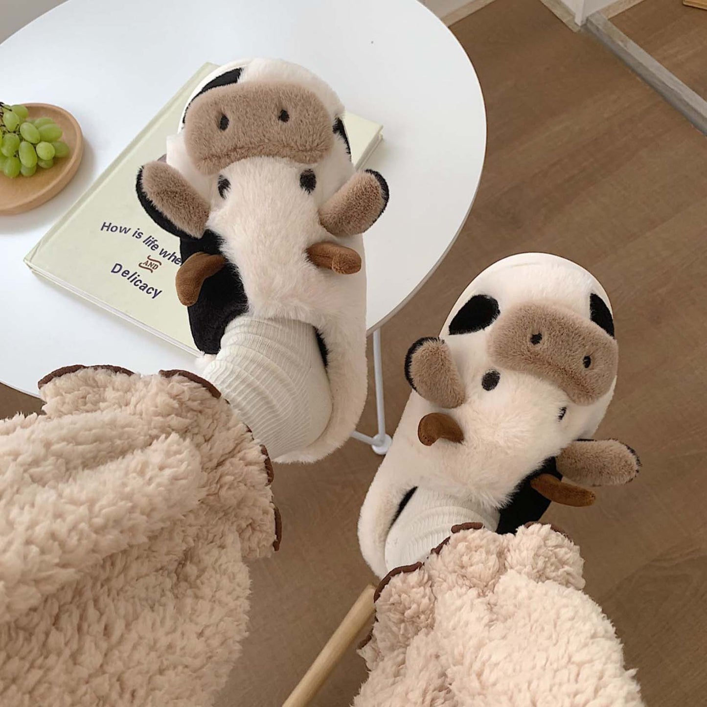 Cartoon Cow  Fluffy Fur Winter Warm Home Slippers | ZAKAPOP