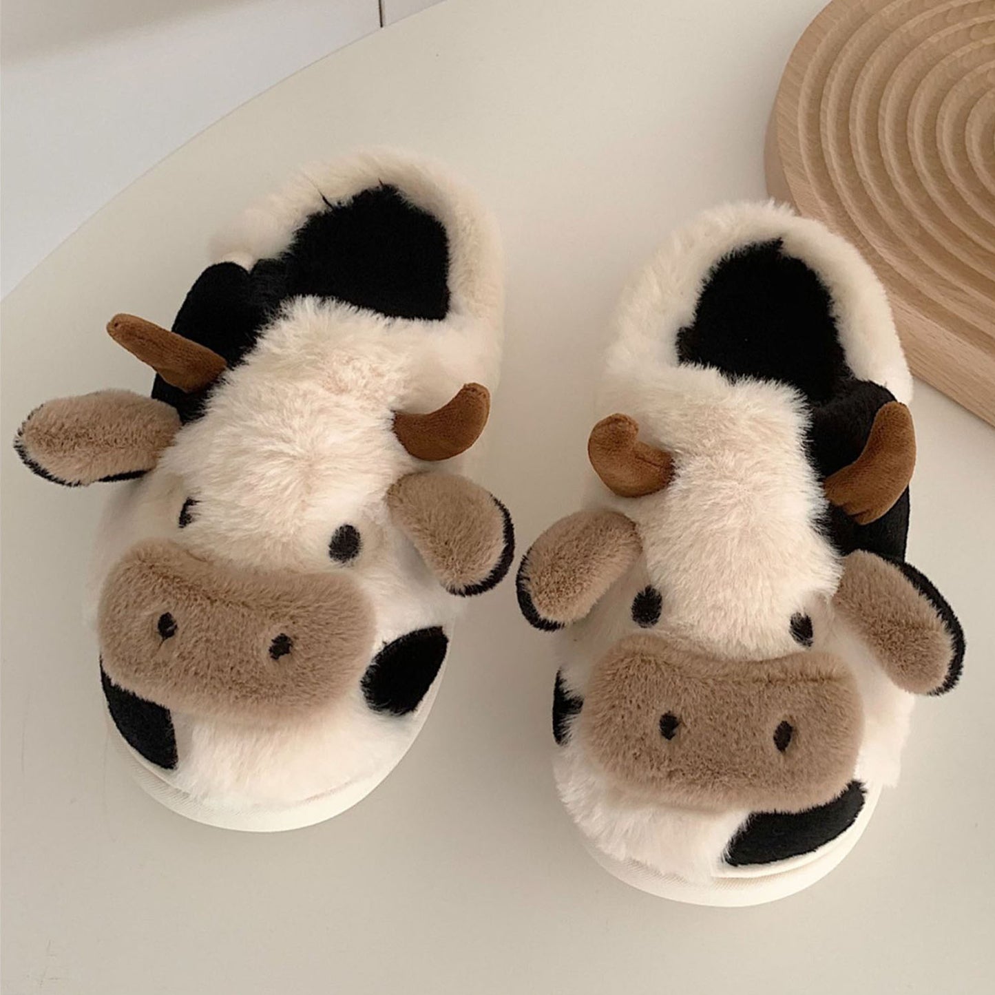 Cartoon Cow  Fluffy Fur Winter Warm Home Slippers | ZAKAPOP