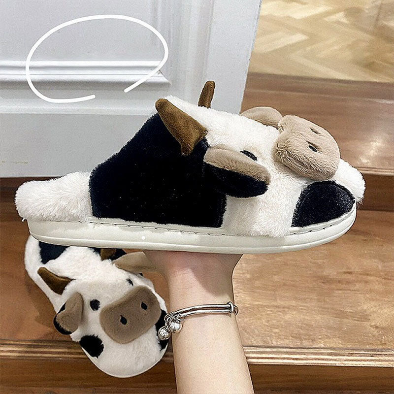 Cartoon Cow  Fluffy Fur Winter Warm Home Slippers | ZAKAPOP