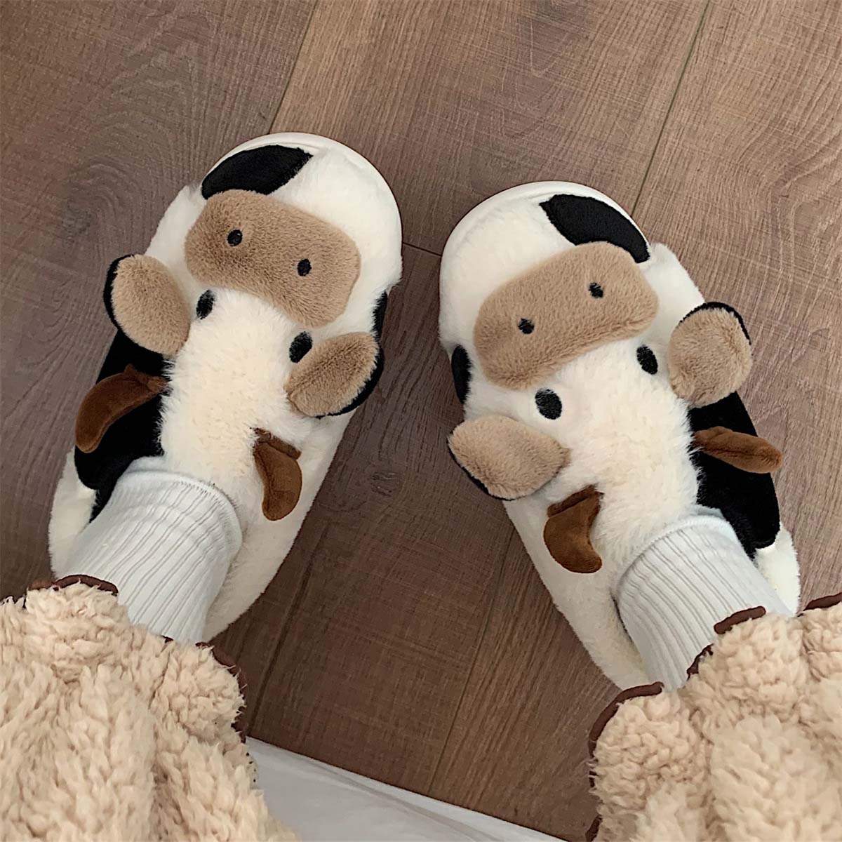 Cartoon Cow  Fluffy Fur Winter Warm Home Slippers | ZAKAPOP