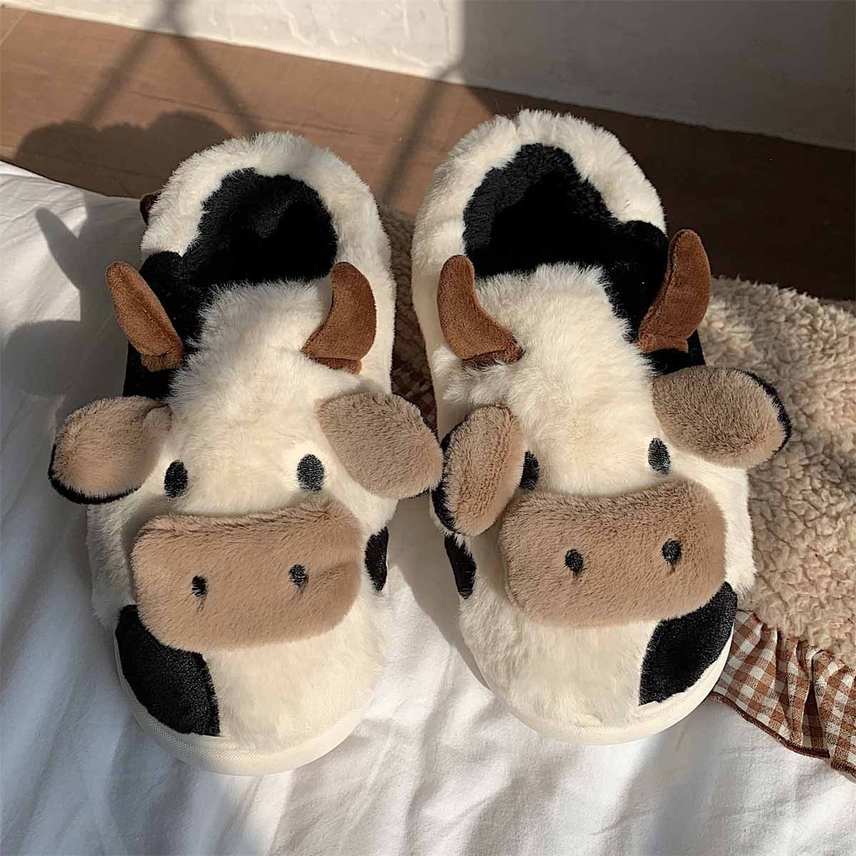 Cartoon Cow  Fluffy Fur Winter Warm Home Slippers | ZAKAPOP