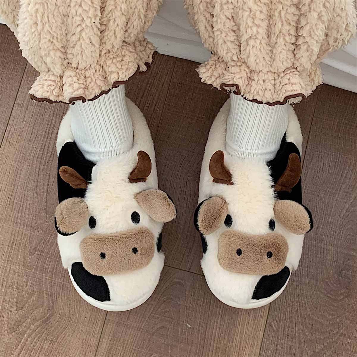 Cartoon Cow  Fluffy Fur Winter Warm Home Slippers | ZAKAPOP