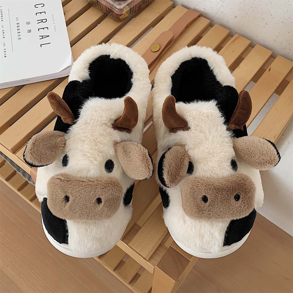 Cartoon Cow  Fluffy Fur Winter Warm Home Slippers | ZAKAPOP