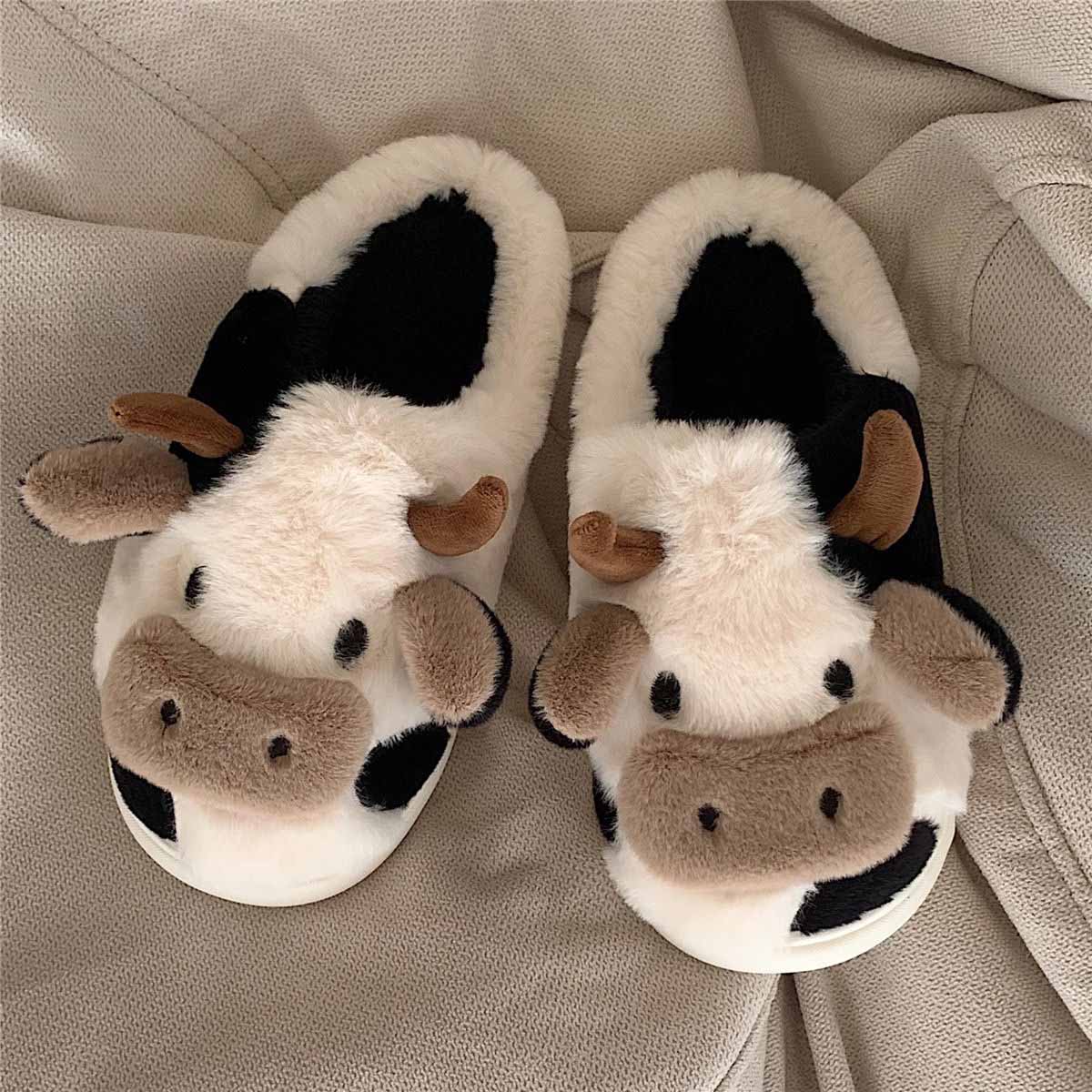 Cartoon Cow  Fluffy Fur Winter Warm Home Slippers | ZAKAPOP