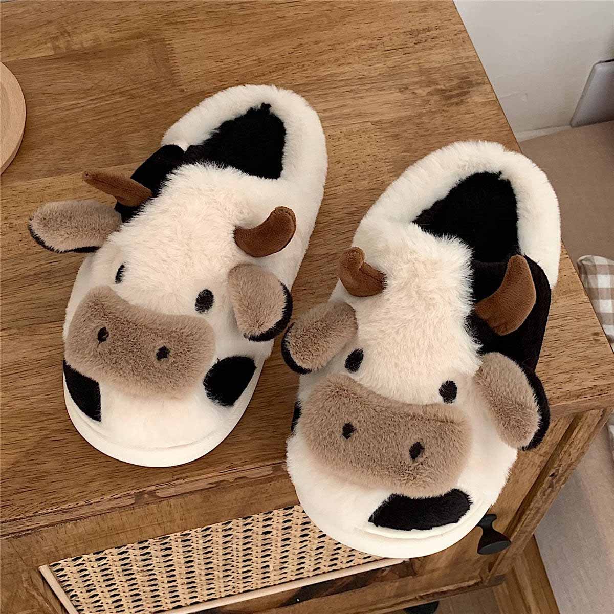 Cartoon Cow  Fluffy Fur Winter Warm Home Slippers | ZAKAPOP