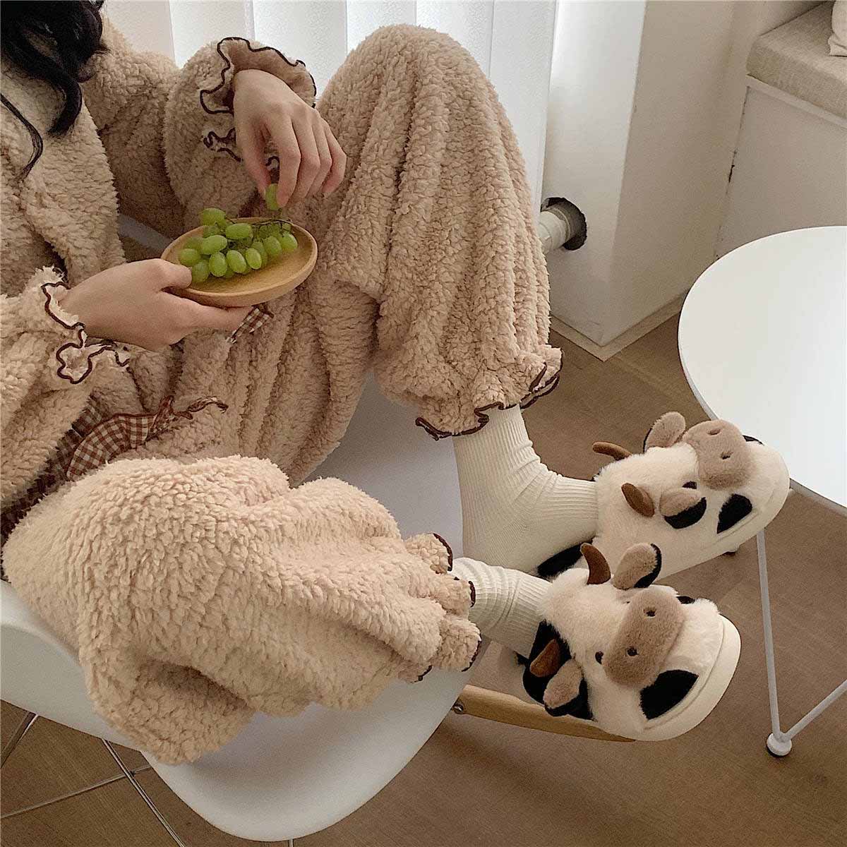 Cartoon Cow  Fluffy Fur Winter Warm Home Slippers | ZAKAPOP