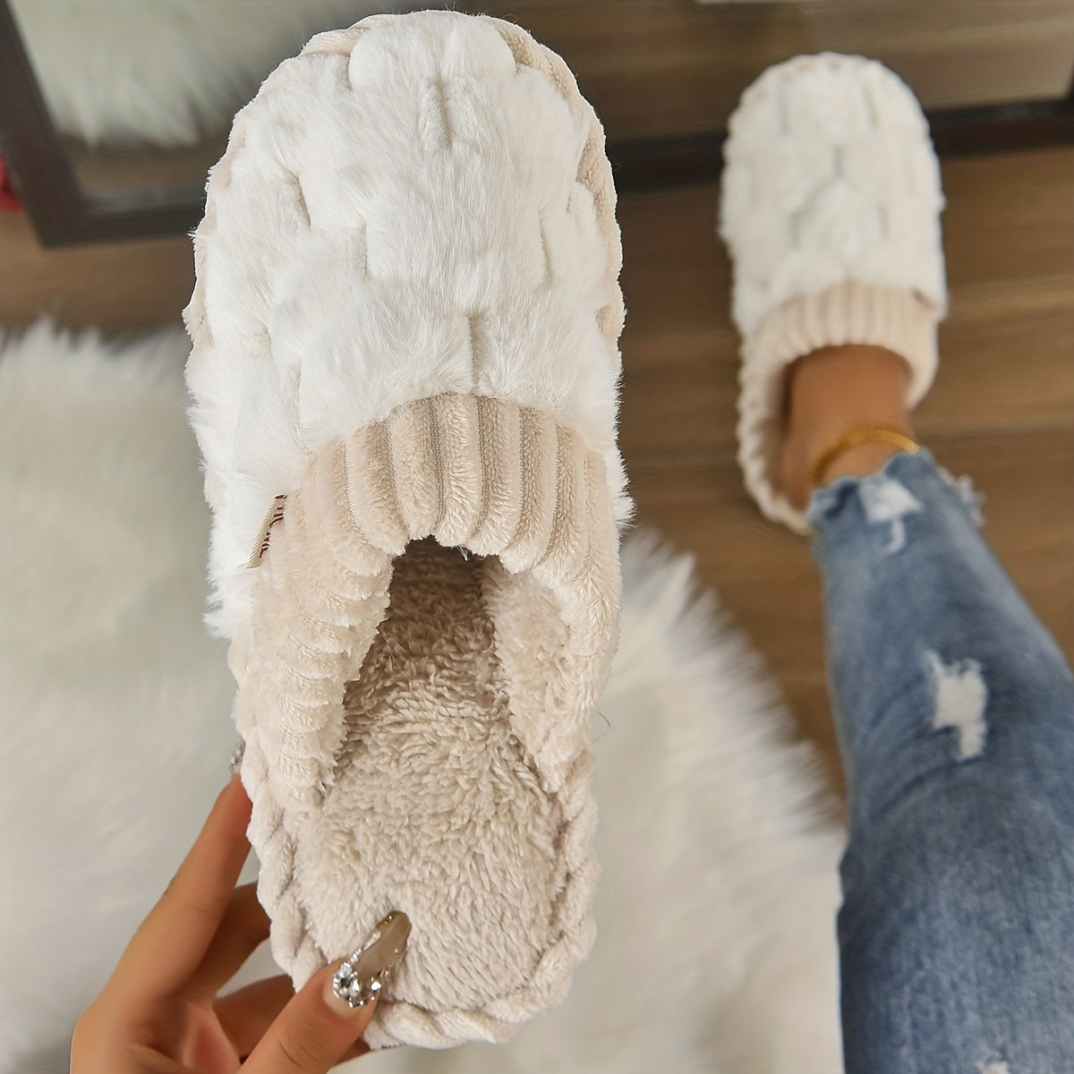 Colorblock Faux Fur Winter Slippers | ZAKAPOP