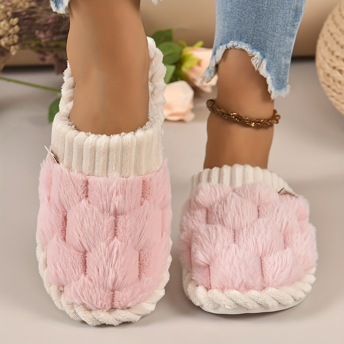 Colorblock Faux Fur Winter Slippers | ZAKAPOP