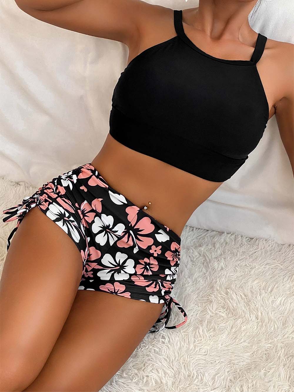 Floral Print Drawstring Side Bikini Swimsuit | ZAKAPOP