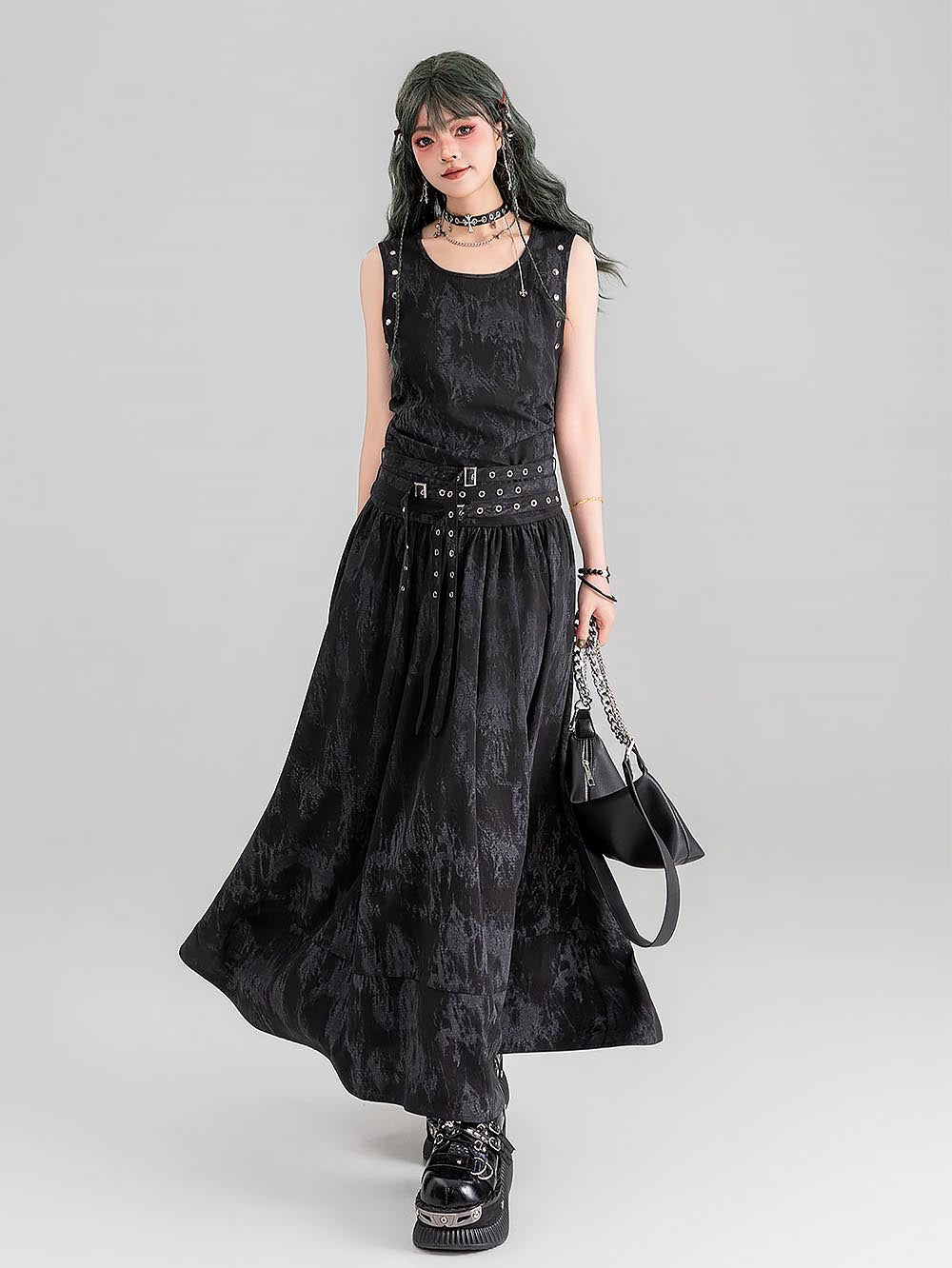 [Presale for 7 days] Gothic Tie-Dye Studded Lace-Up Sleeveless Long Dress | ZAKAPOP