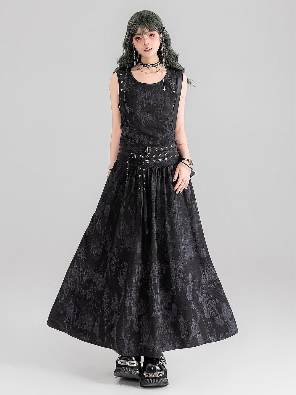 [Presale for 7 days] Gothic Tie-Dye Studded Lace-Up Sleeveless Long Dress | ZAKAPOP