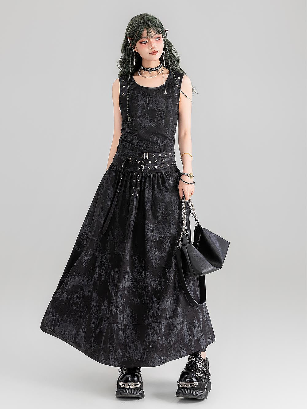 [Presale for 7 days] Gothic Tie-Dye Studded Lace-Up Sleeveless Long Dress | ZAKAPOP