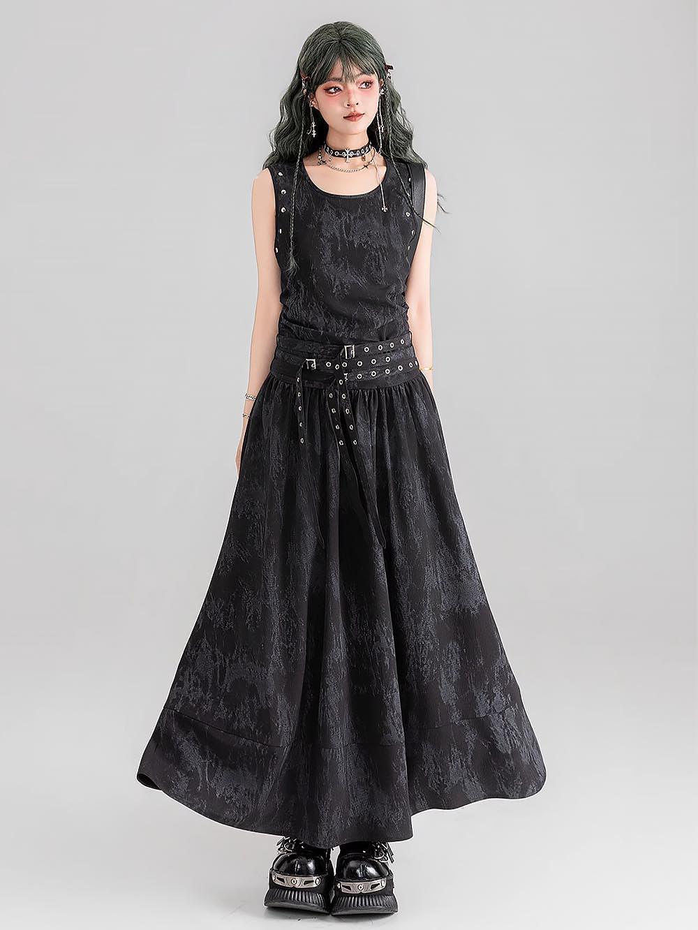 [Presale for 7 days] Gothic Tie-Dye Studded Lace-Up Sleeveless Long Dress | ZAKAPOP