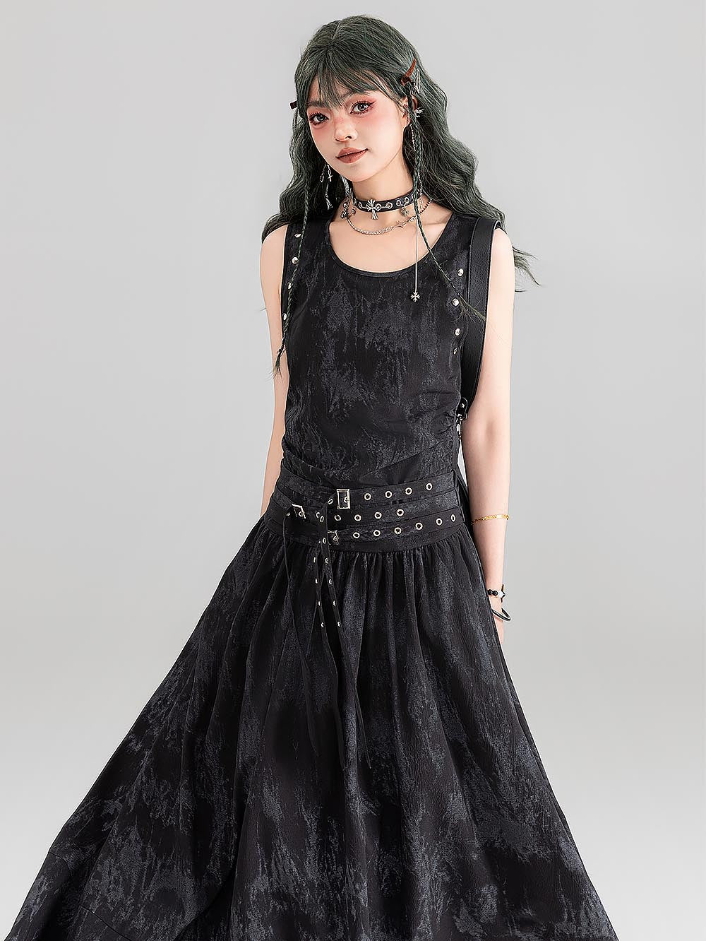 [Presale for 7 days] Gothic Tie-Dye Studded Lace-Up Sleeveless Long Dress | ZAKAPOP