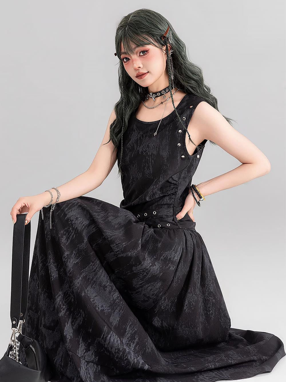 [Presale for 7 days] Gothic Tie-Dye Studded Lace-Up Sleeveless Long Dress | ZAKAPOP