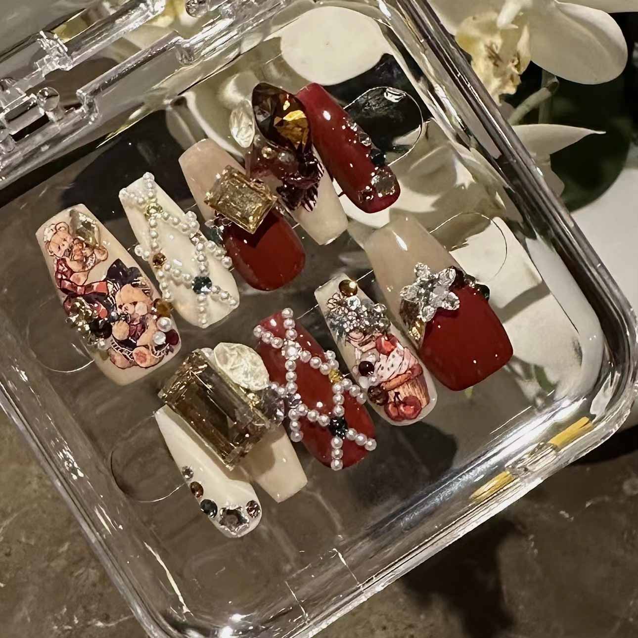 Handmade Christmas Red Velvet Teddy Bear Diamond Cute Vintage Wearable Nail Art Pieces | ZAKAPOP