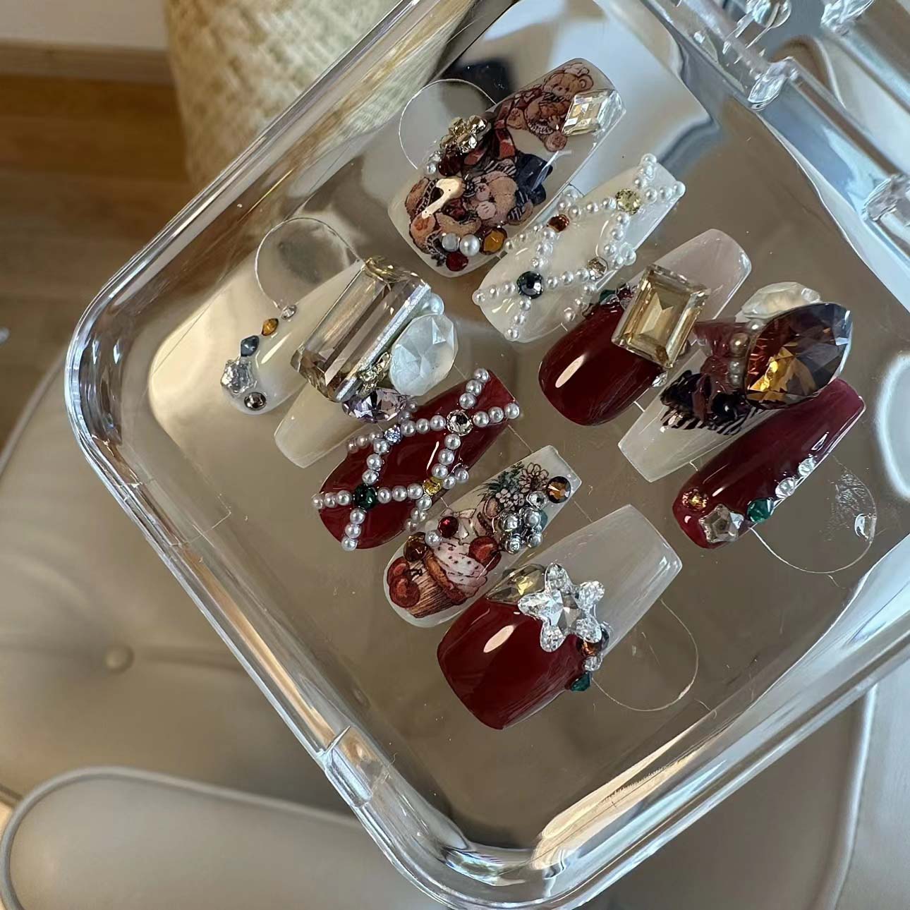 Handmade Christmas Red Velvet Teddy Bear Diamond Cute Vintage Wearable Nail Art Pieces | ZAKAPOP