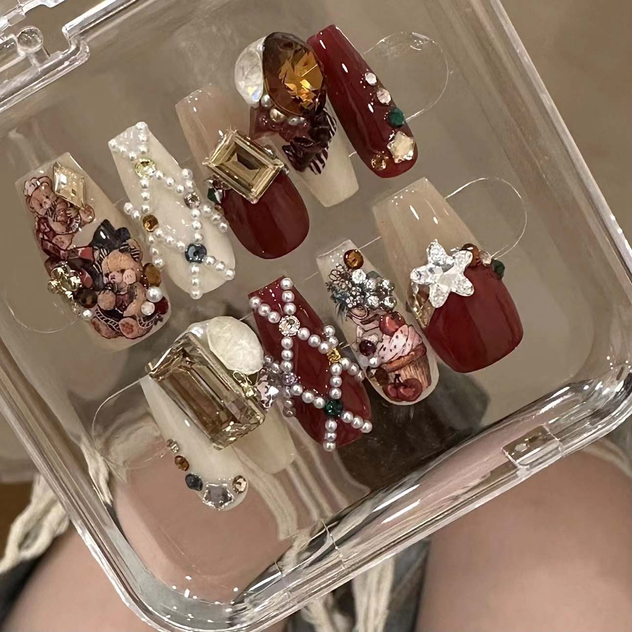 Handmade Christmas Red Velvet Teddy Bear Diamond Cute Vintage Wearable Nail Art Pieces | ZAKAPOP