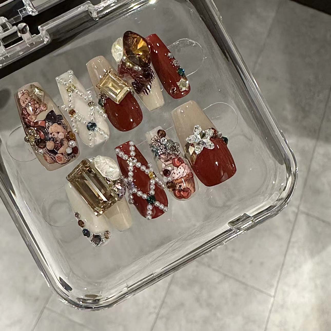 Handmade Christmas Red Velvet Teddy Bear Diamond Cute Vintage Wearable Nail Art Pieces | ZAKAPOP