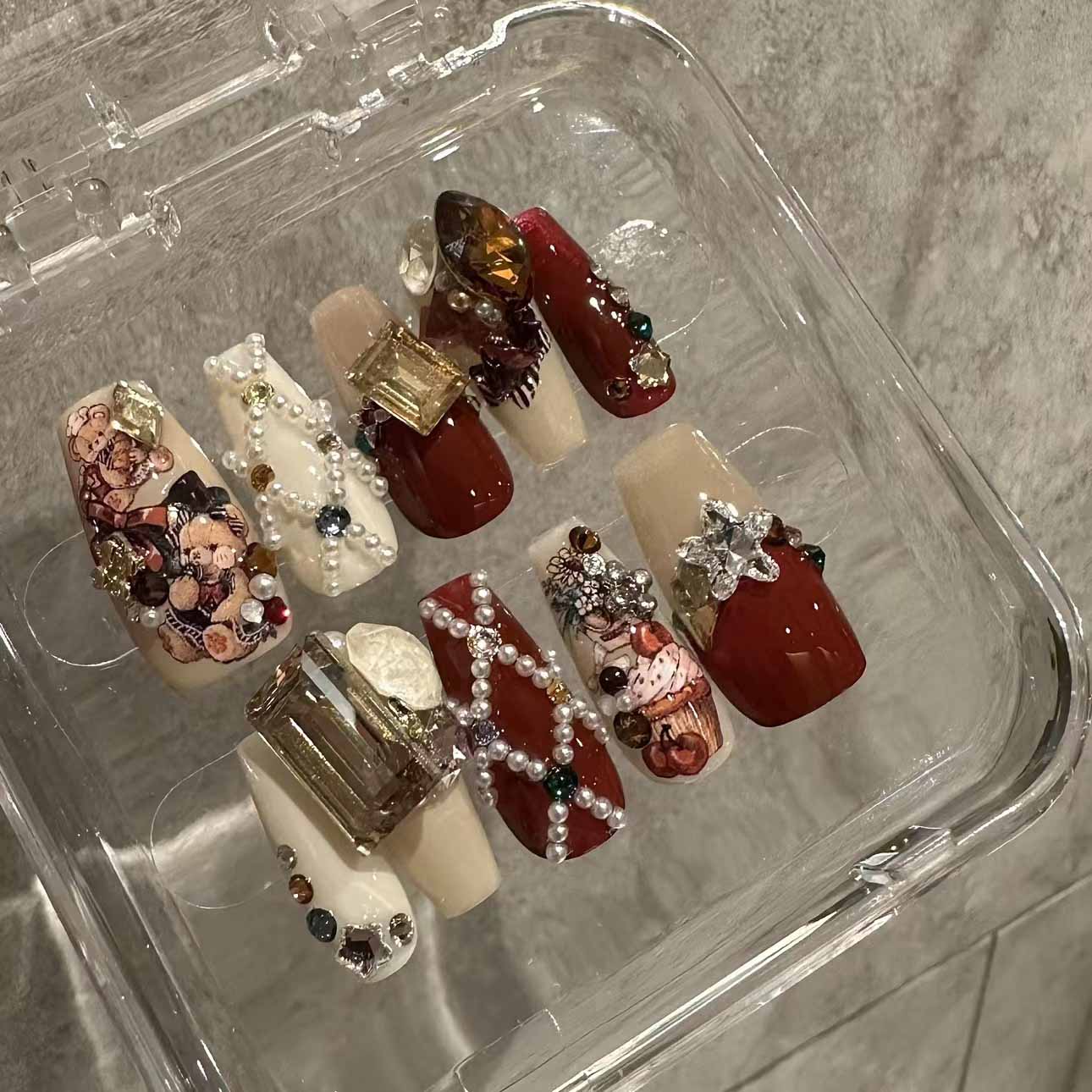 Handmade Christmas Red Velvet Teddy Bear Diamond Cute Vintage Wearable Nail Art Pieces | ZAKAPOP