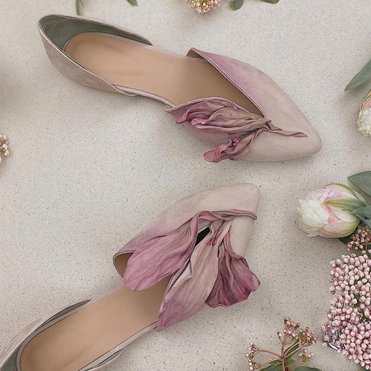 Handmade Pink Satins Flower Pointed Toe Flat Shoes | ZAKAPOP