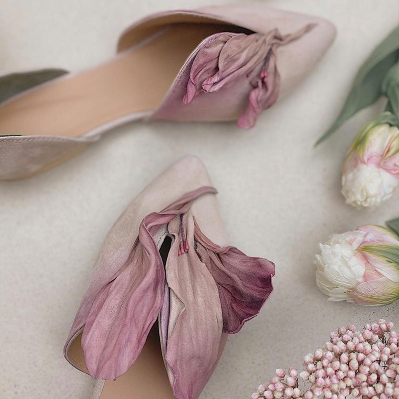 Handmade Pink Satins Flower Pointed Toe Flat Shoes | ZAKAPOP