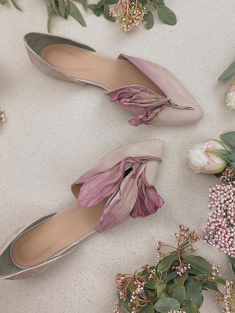 Handmade Pink Satins Flower Pointed Toe Flat Shoes | ZAKAPOP