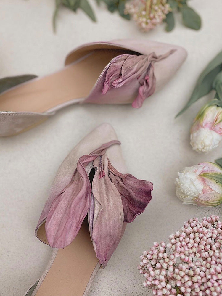 Handmade Pink Satins Flower Pointed Toe Flat Shoes | ZAKAPOP