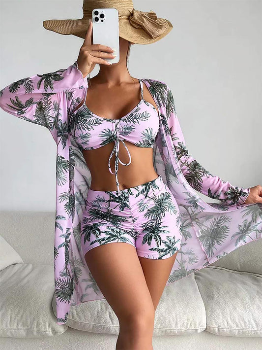 Women's Coconut Tree Print Three-Piece Set Swimsuit with Long-Sleeve Ins Hoodie | ZAKAPOP