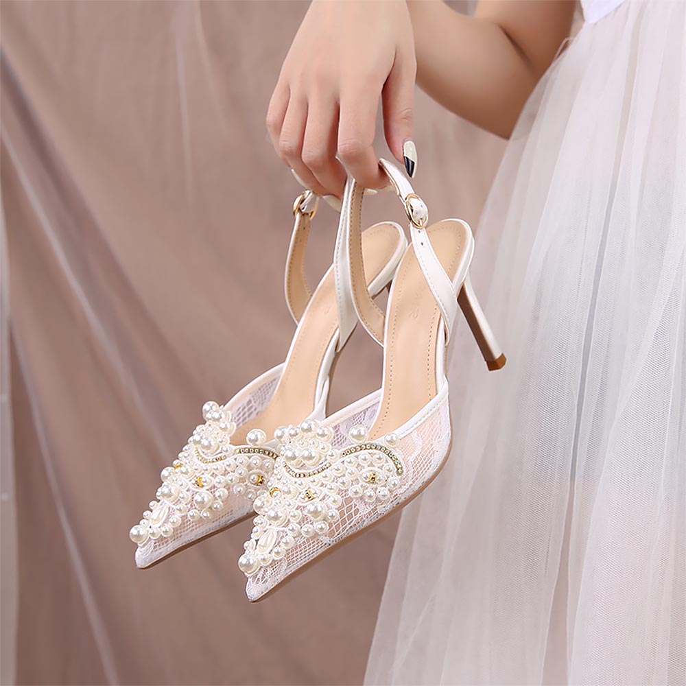 Ivory Crochet Lace Pointy Toe Heels with Small Pearls Applique | ZAKAPOP