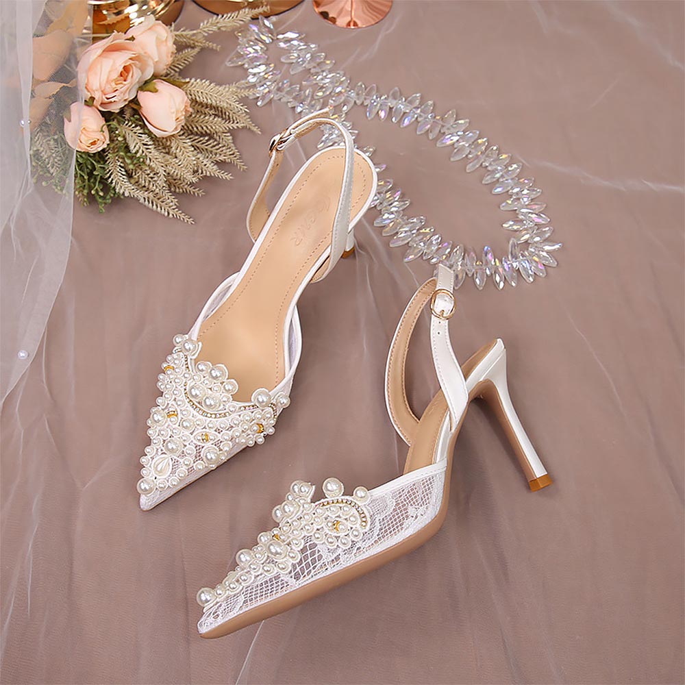 Ivory Crochet Lace Pointy Toe Heels with Small Pearls Applique | ZAKAPOP