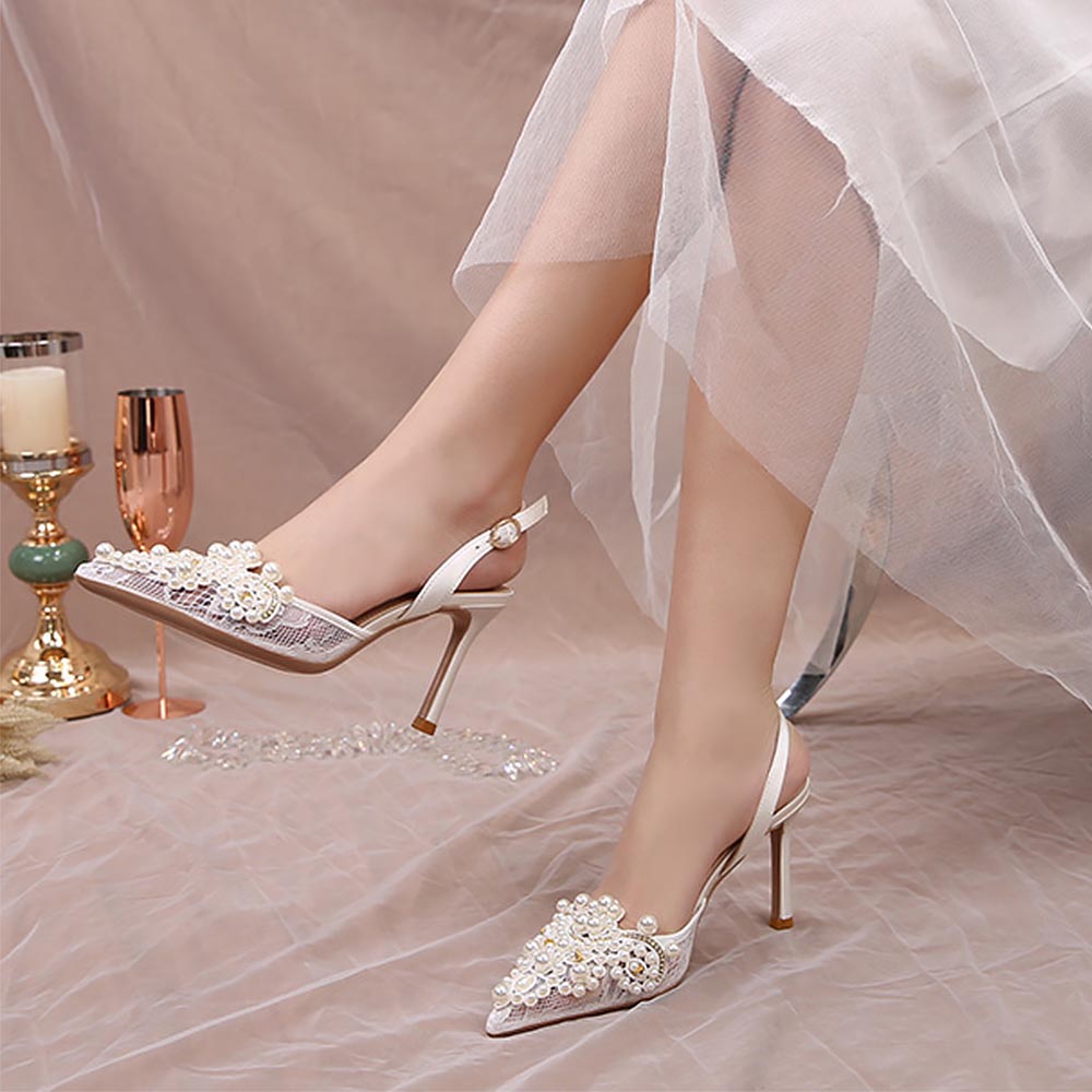 Ivory Crochet Lace Pointy Toe Heels with NAVETTE CLUSTER RHINESTONES hot Ankle Strap, Wedding Shoes, Bridal Shoes, Bridal Heels, Lace Heels