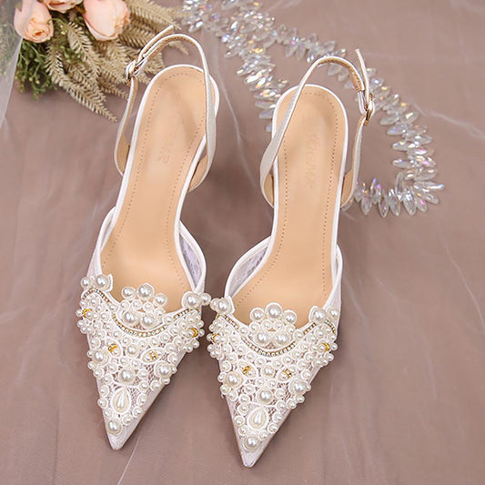 Ivory Crochet Lace Pointy Toe Heels with Small Pearls Applique | ZAKAPOP