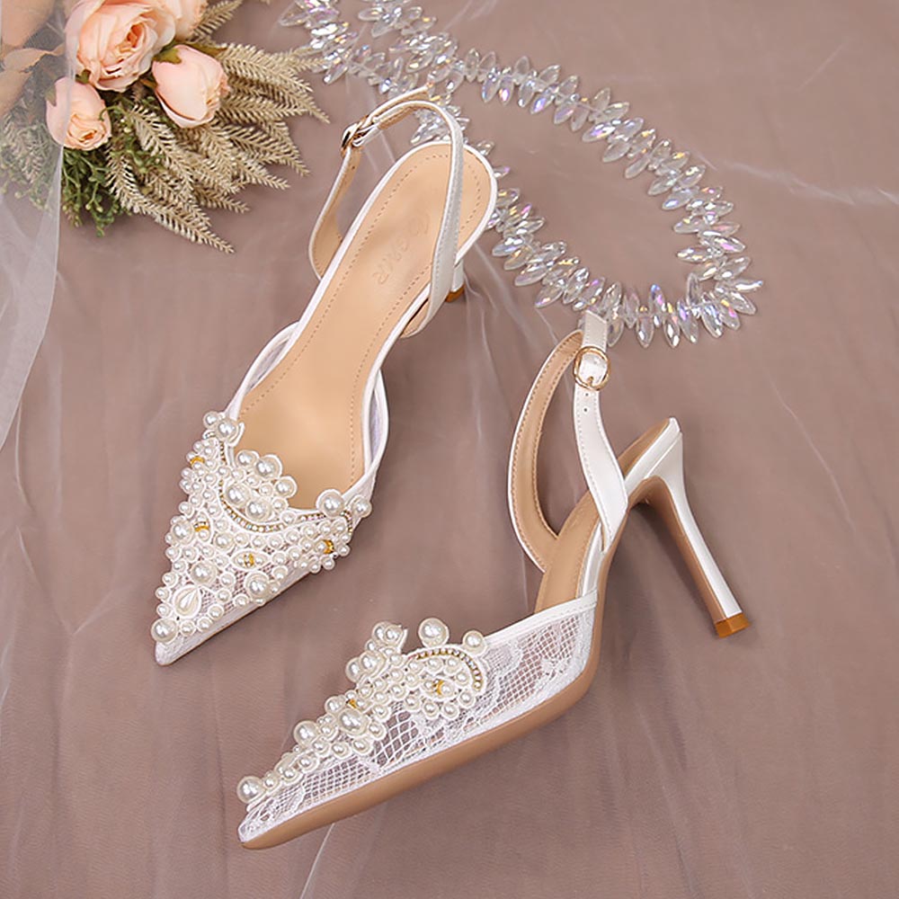 Ivory Crochet Lace Pointy Toe Heels with Small Pearls Applique | ZAKAPOP