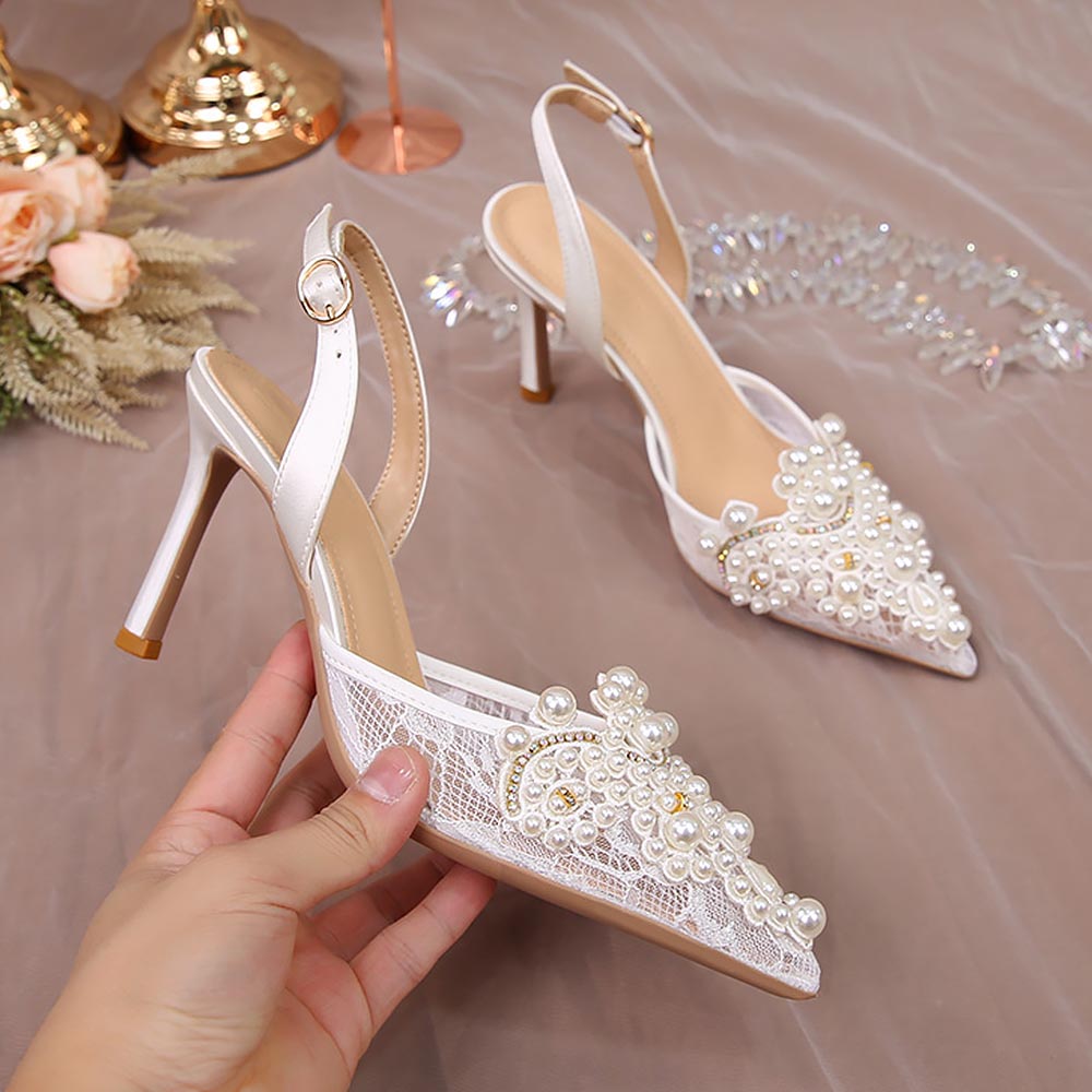 Ivory Crochet Lace Pointy Toe Heels with Small Pearls Applique | ZAKAPOP