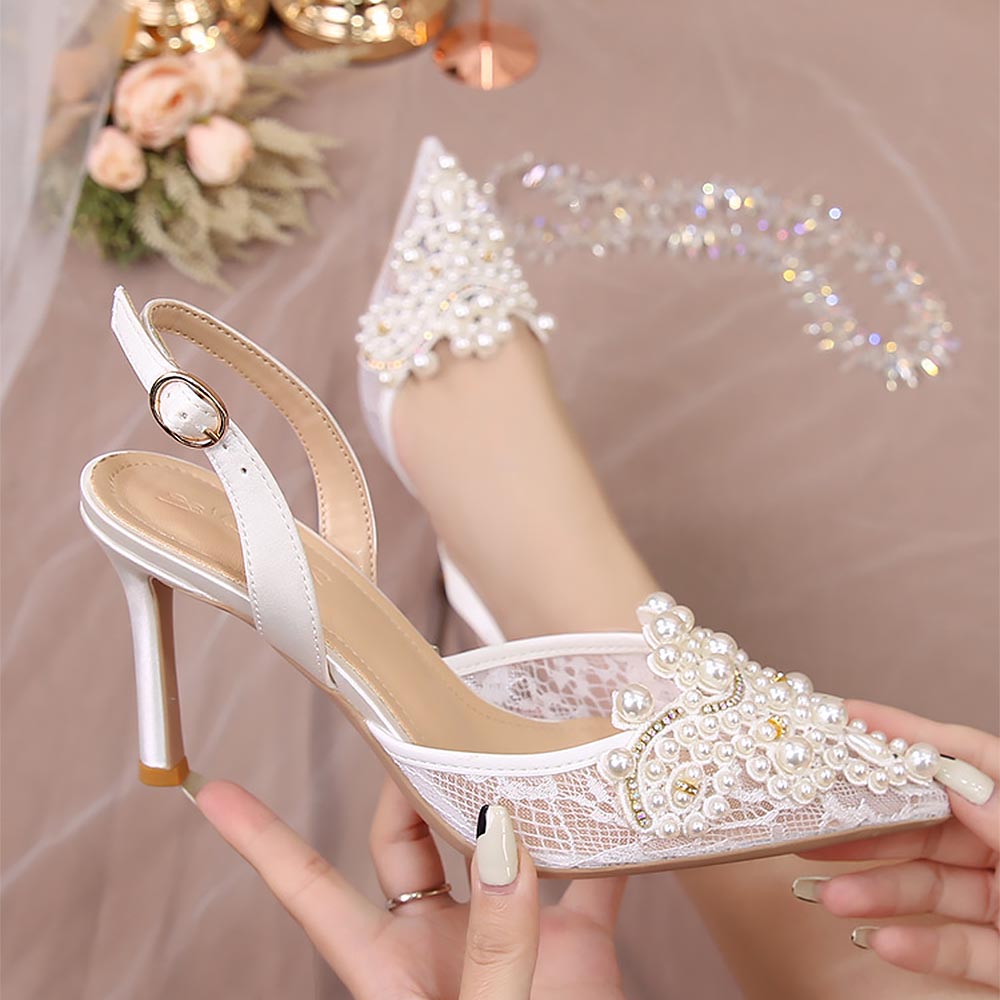 Ivory Crochet Lace Pointy Toe Heels with Small Pearls Applique | ZAKAPOP