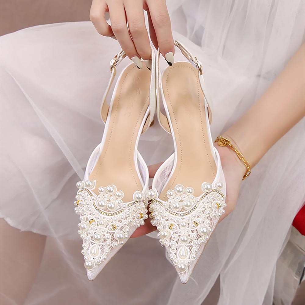 Ivory Crochet Lace Pointy Toe Heels with Small Pearls Applique | ZAKAPOP