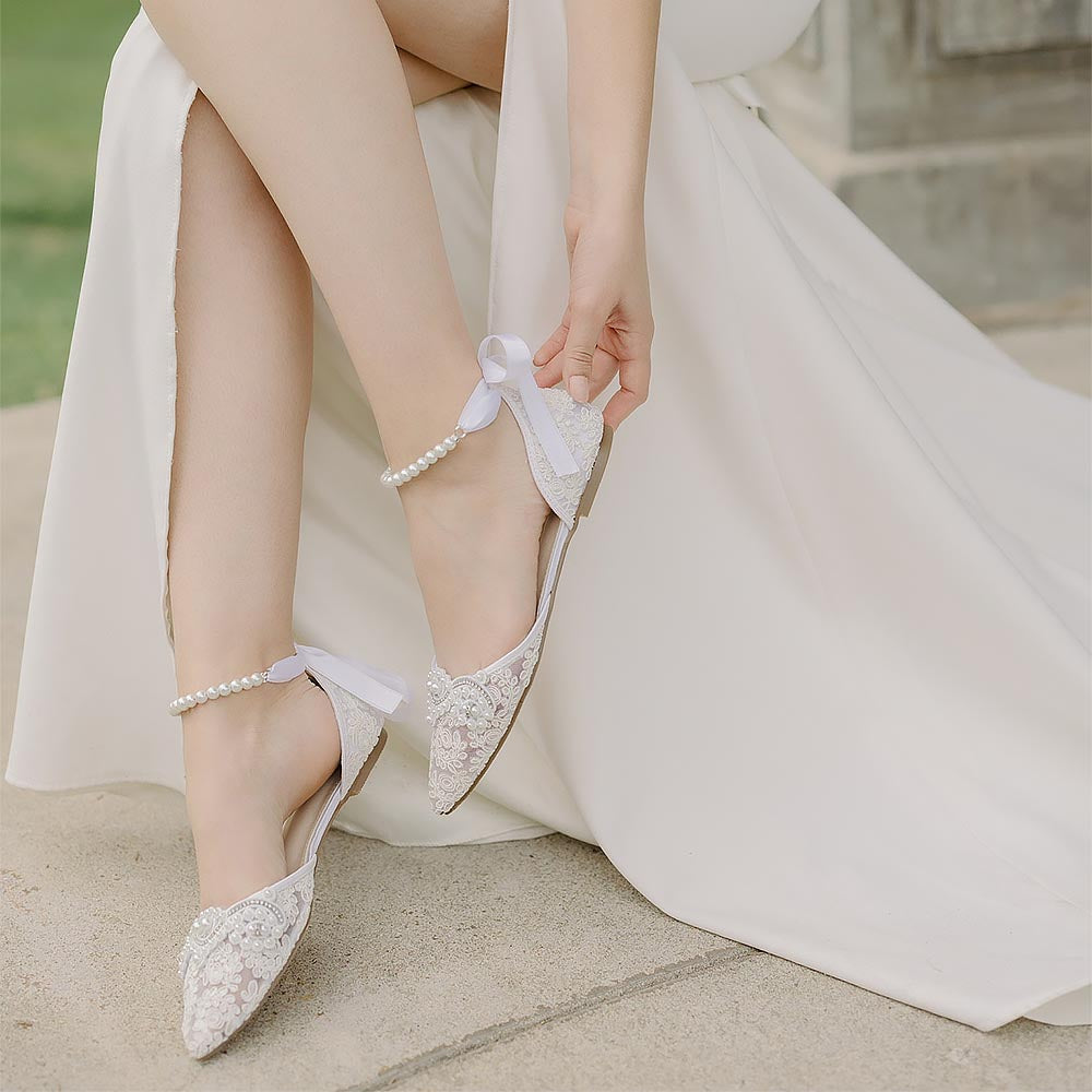 Lace Pointy Toe Flats With Small Pearls Applique | ZAKAPOP