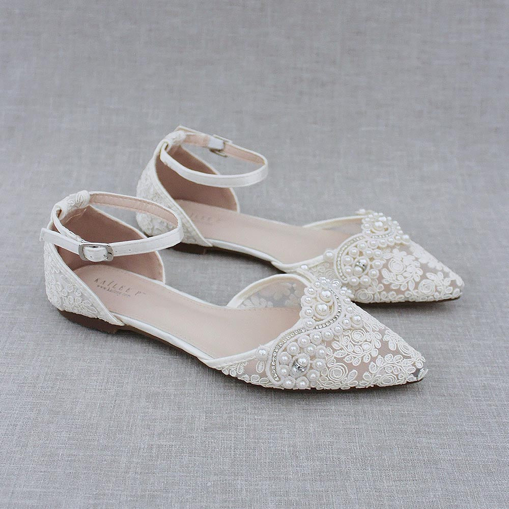 Lace Pointy Toe Flats With Small Pearls Applique | ZAKAPOP