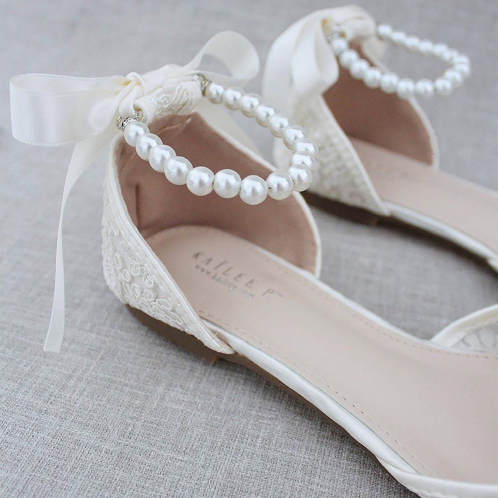 Lace Pointy Toe Flats With Small Pearls Applique | ZAKAPOP