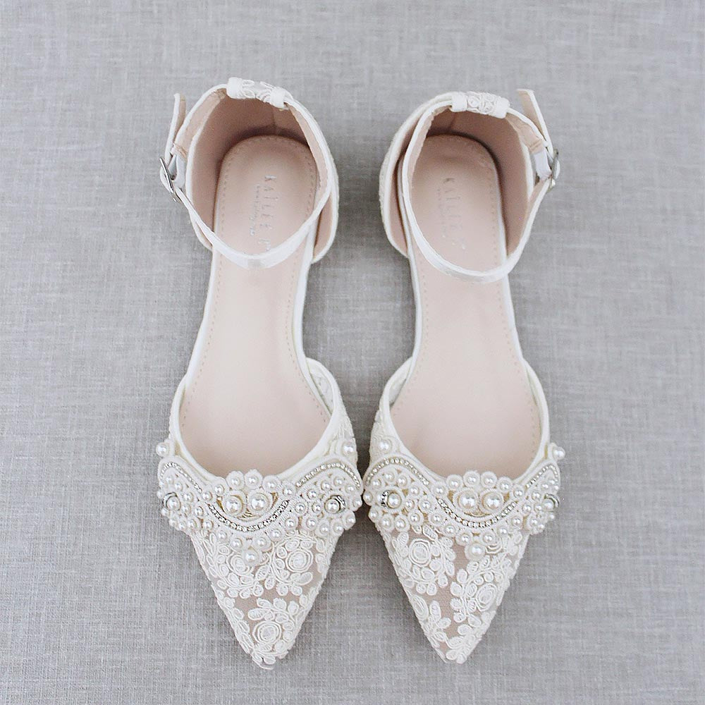 Lace Pointy Toe Flats With Small Pearls Applique | ZAKAPOP