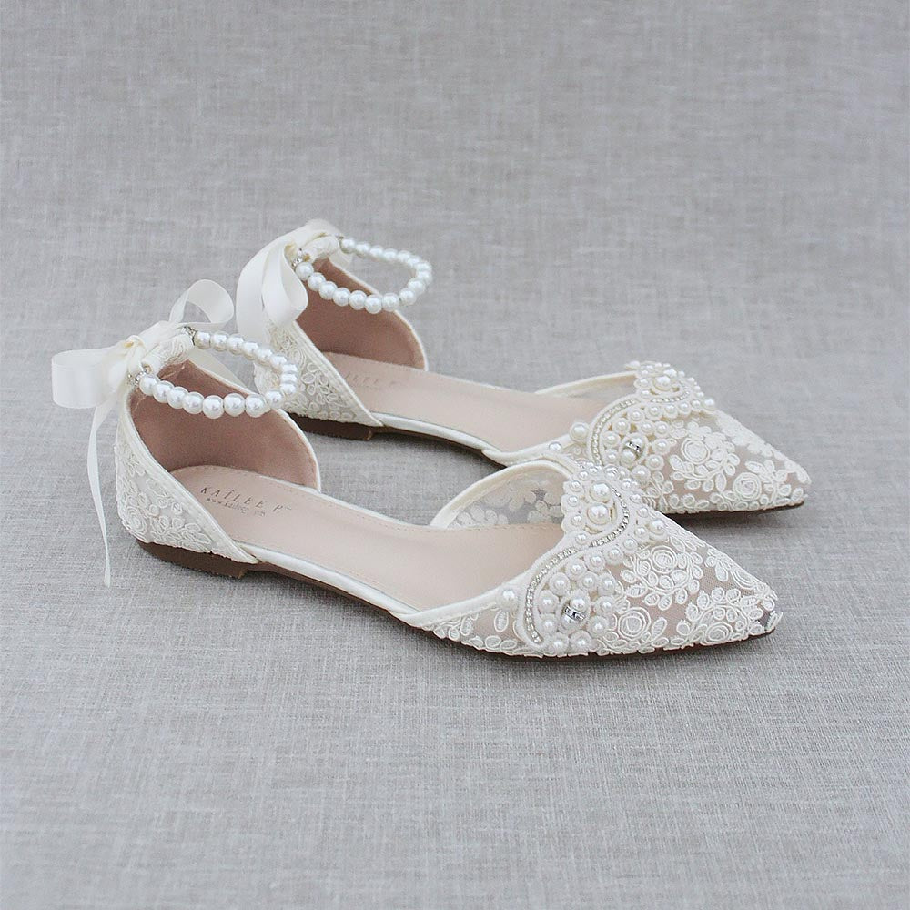 Lace Pointy Toe Flats With Small Pearls Applique | ZAKAPOP