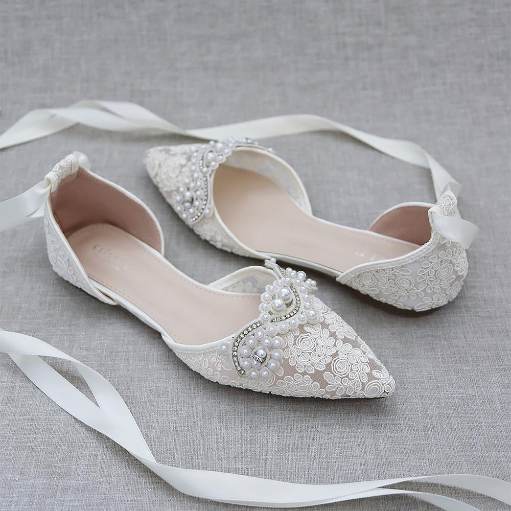 Lace Pointy Toe Flats With Small Pearls Applique | ZAKAPOP