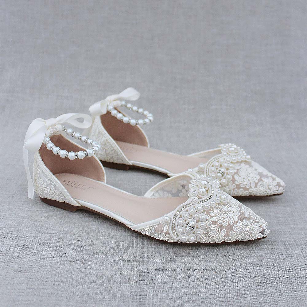 Lace Pointy Toe Flats With Small Pearls Applique | ZAKAPOP