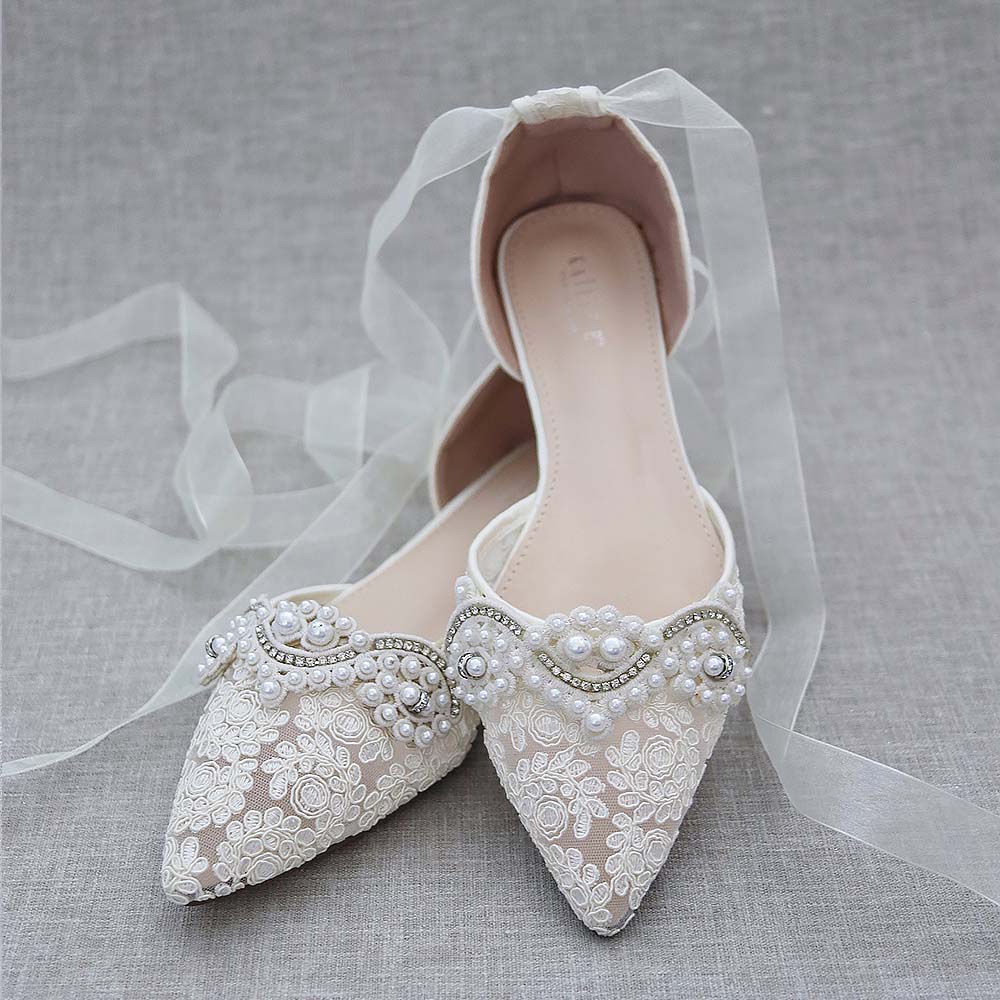 Lace Pointy Toe Flats With Small Pearls Applique | ZAKAPOP