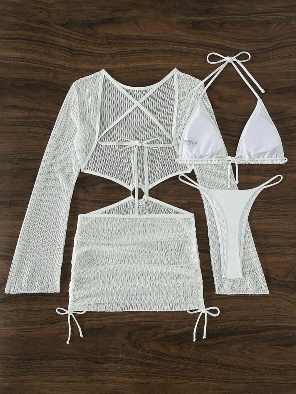 Mesh Hollow Out Drawstring Tie Bikini Three-Piece Set | ZAKAPOP