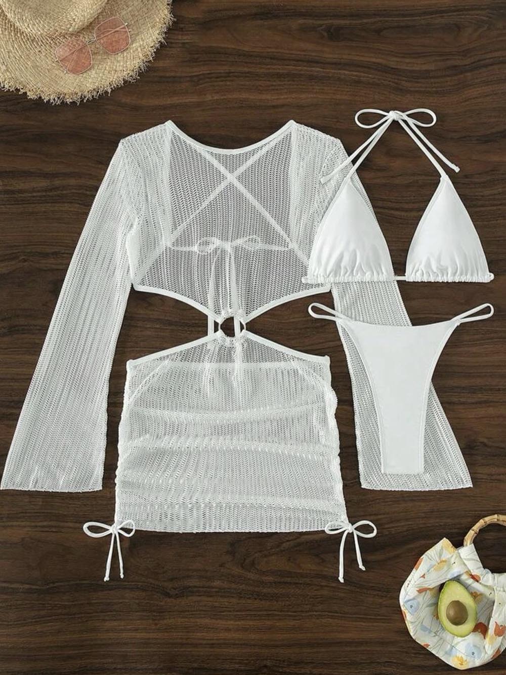 Mesh Hollow Out Drawstring Tie Bikini Three-Piece Set | ZAKAPOP